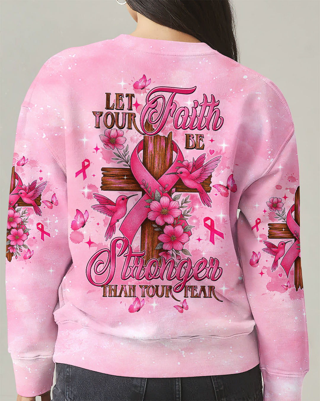 Let Your Faith Be Bigger Than Your Fear Hummingbird Breast Cancer Women's All Over Print Shirt - Tltw1108252