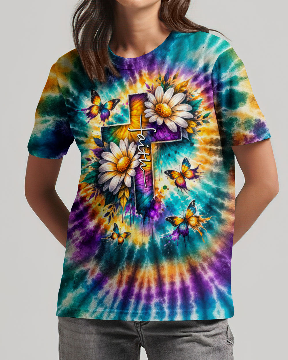 Faith Cross Daisies Swirl Women's All Over Print Shirt - Tltw1302261