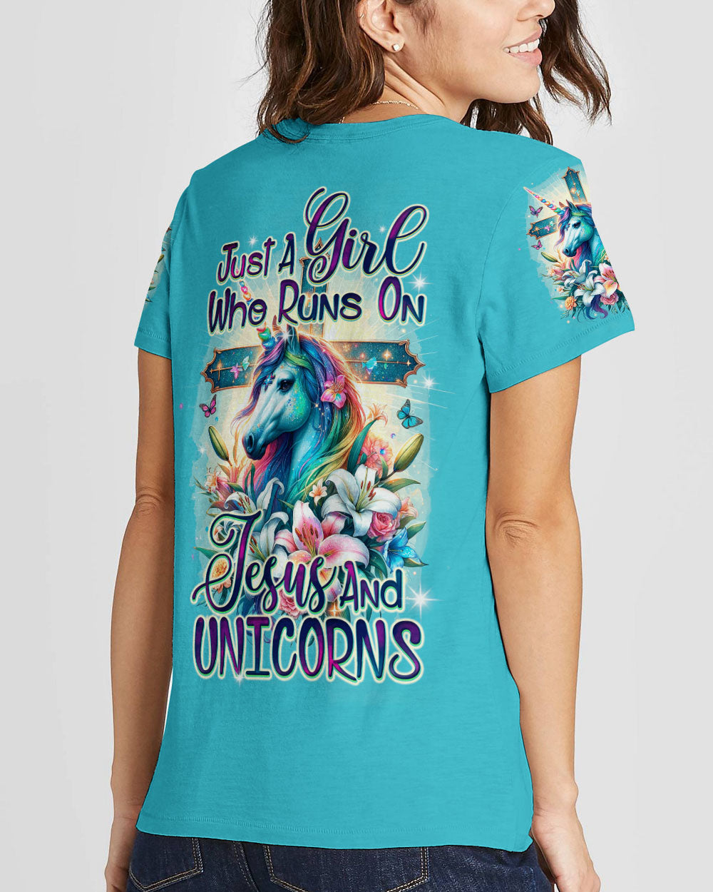 Runs On Jesus And Unicorns Women's All Over Print Shirt - Ty1912231