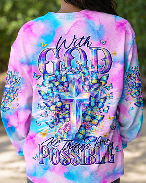 With God All Things Are Possible Cross Butterflies Women's All Over Print Shirt - Tyln2406263