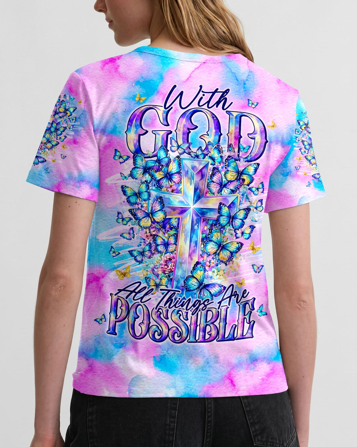 With God All Things Are Possible Cross Butterflies Women's All Over Print Shirt - Tyln2406263