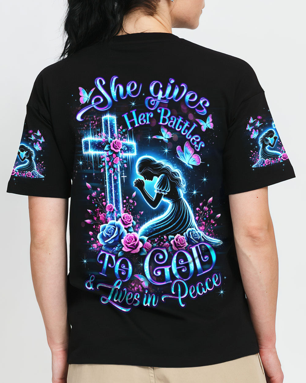 She Gives Her Battles To God Women's All Over Print Shirt - Yhdu1601252