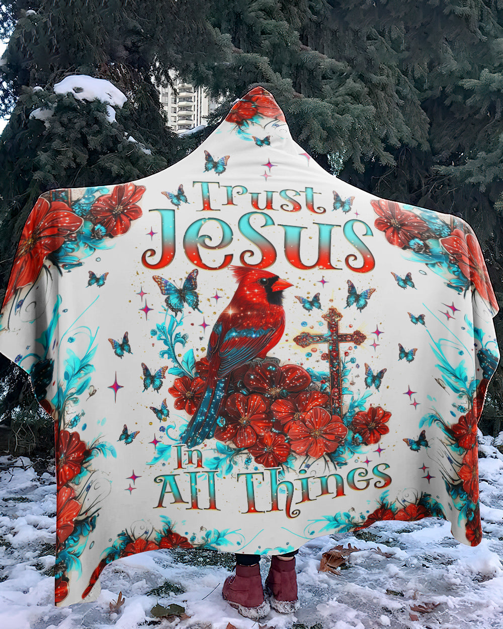 Trust Jesus In All Things Cardinal  Sherpa Blanket Hoodie  - Tlnz1411242