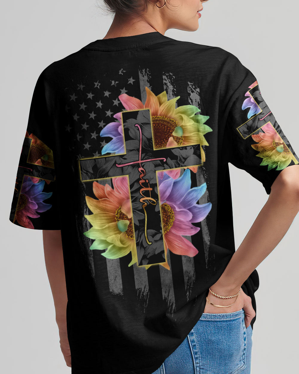 Faith Rainbow Sunflower Cross Flag Women's All Over Print Shirt - Ri2406234