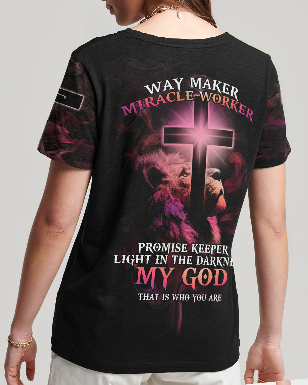 Way Maker Miracle Worker Lion Cross Pink Women's All Over Print Shirt - Tltm2406233