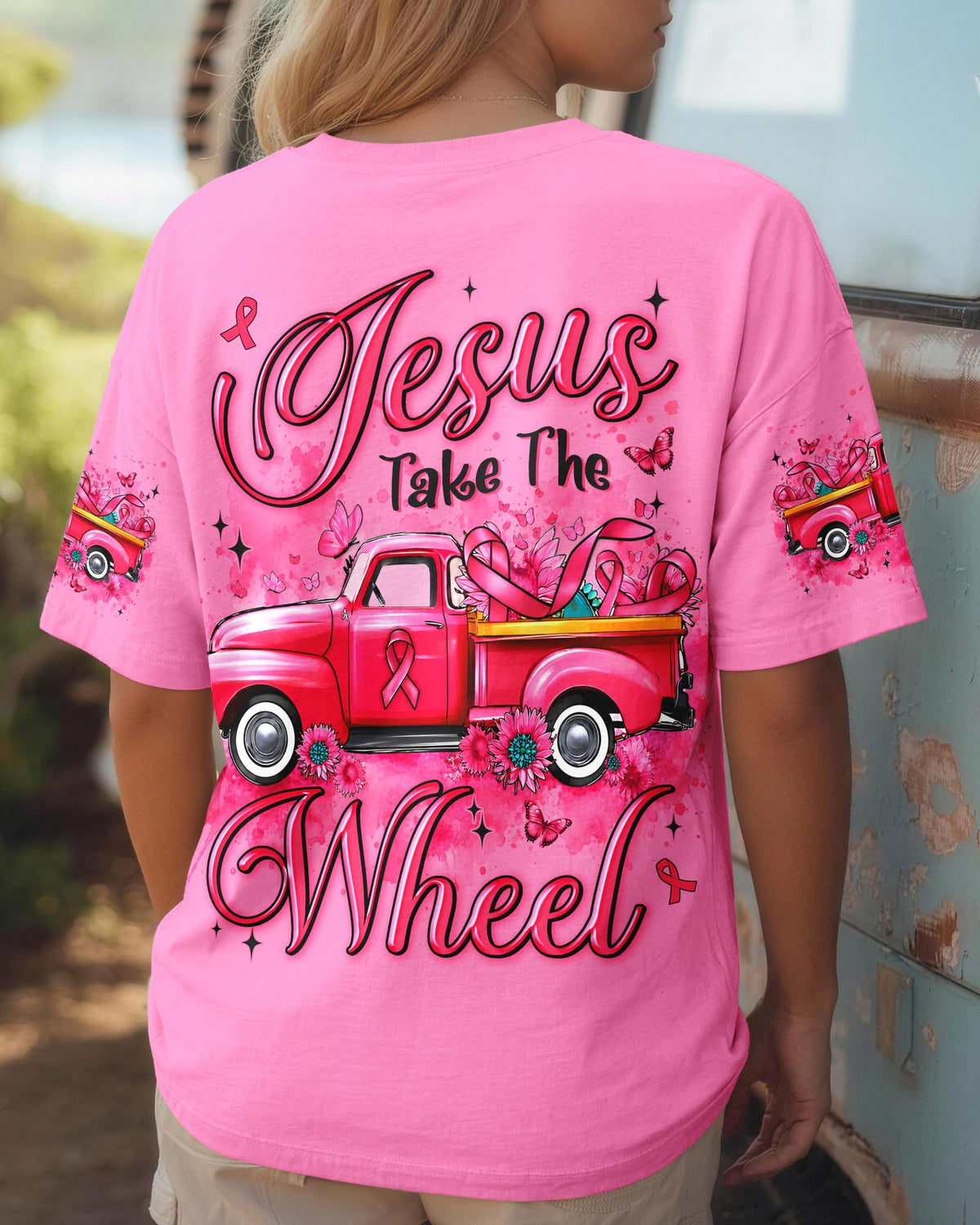 Jesus Take The Wheel Breast Cancer Awareness Women's All Over Print Shirt - Tyln2407262